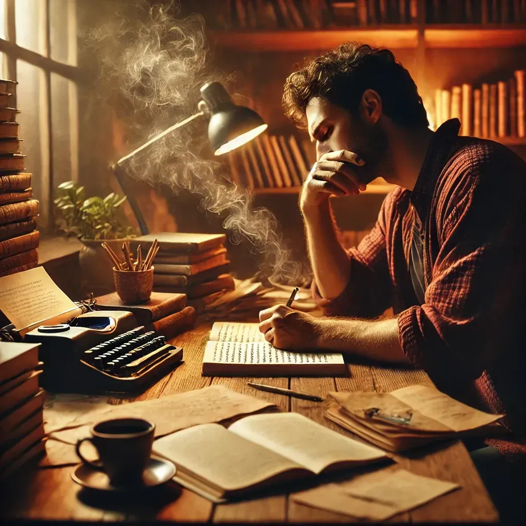 A writer sitting at a desk, lost in thought while drafting a character's internal conflict in a notebook.