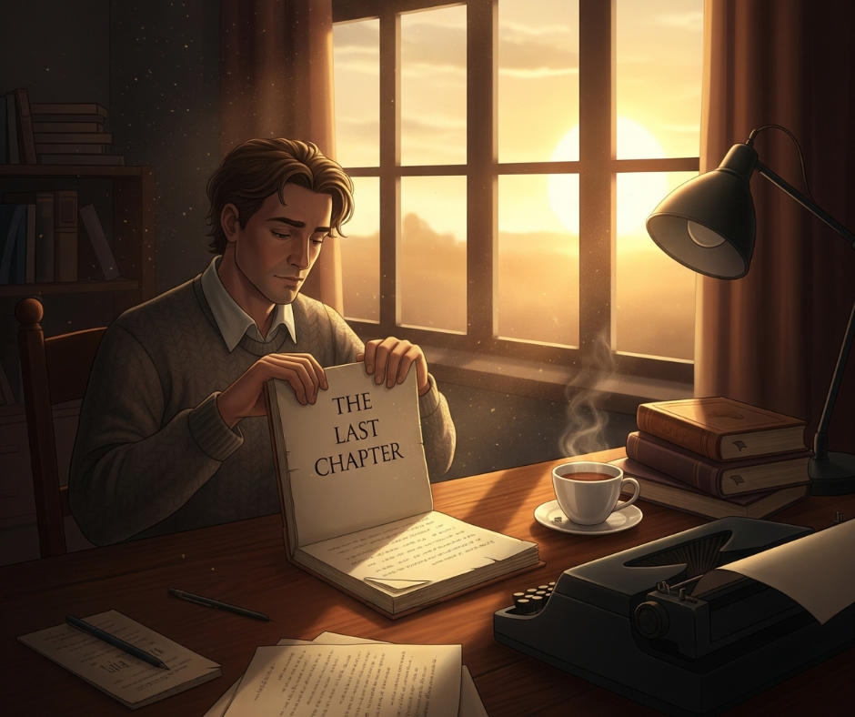 An illustrated scene of a writer at their desk, closing their manuscript as the sun sets outside the window — symbolizing powerful and unforgettable story endings.