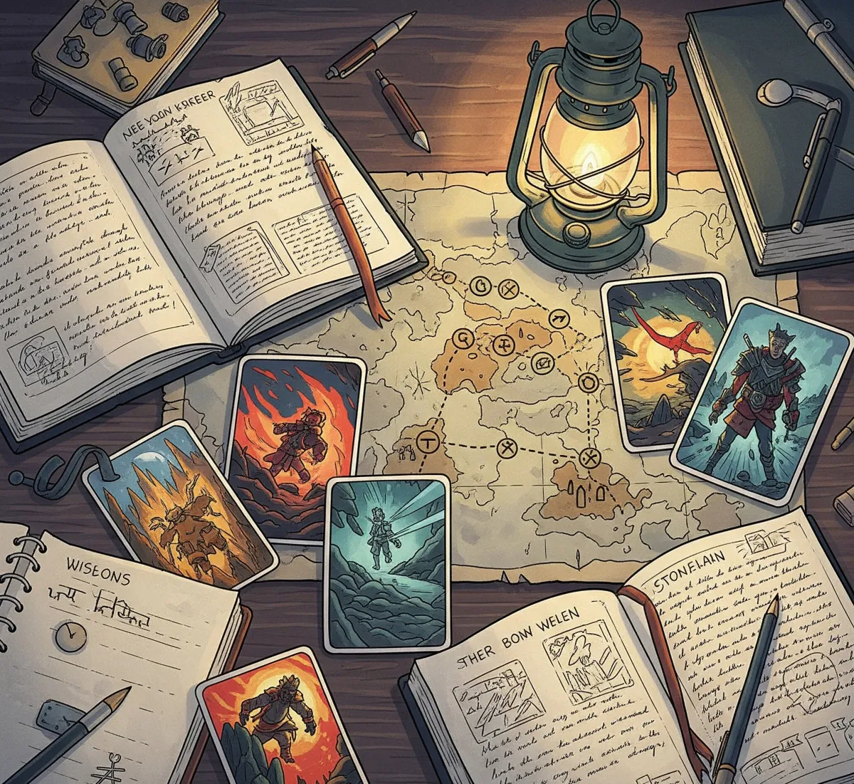 An illustrated desk with open notebooks, scattered scene cards, a glowing lantern, and a map partially filled in—symbolizing story structure through vivid, adventurous scenes.