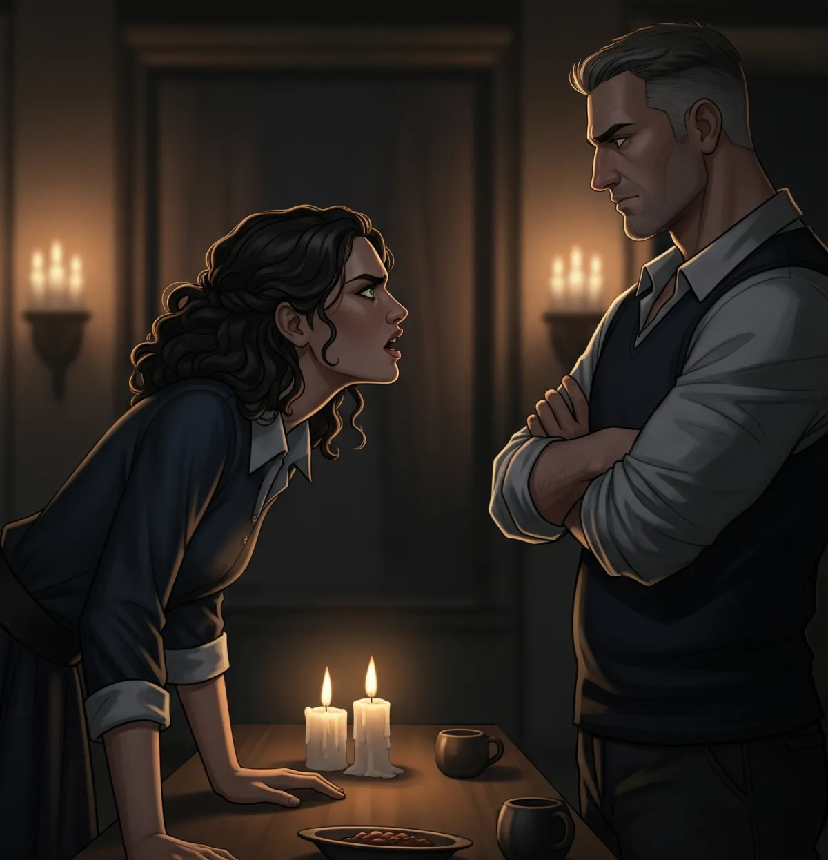 Two fictional characters in a candlelit room having realistic dialogue, with expressions and body language showing unspoken tension