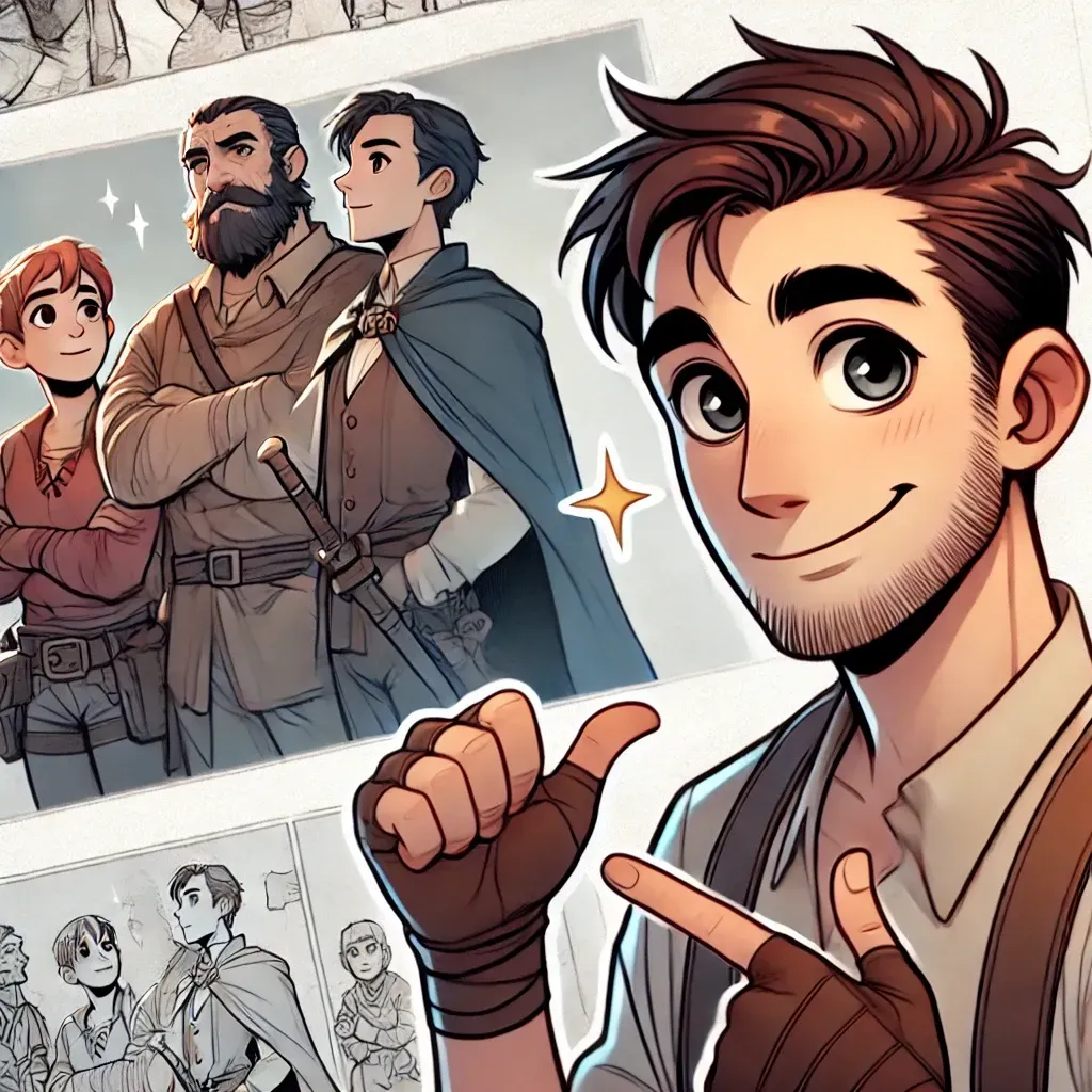 Quirky minor character standing with a heroic couple in a mountain landscape, symbolizing the power of minor characters in storytelling.