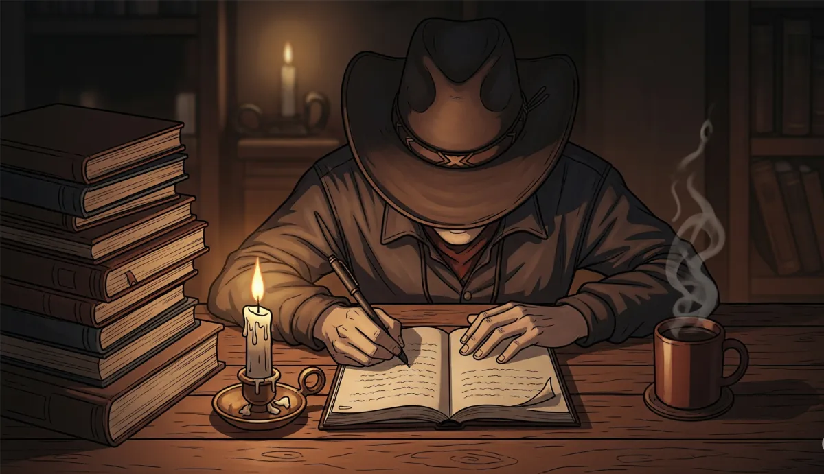 Character overwhelmed with emotion, writing fast in a dim room