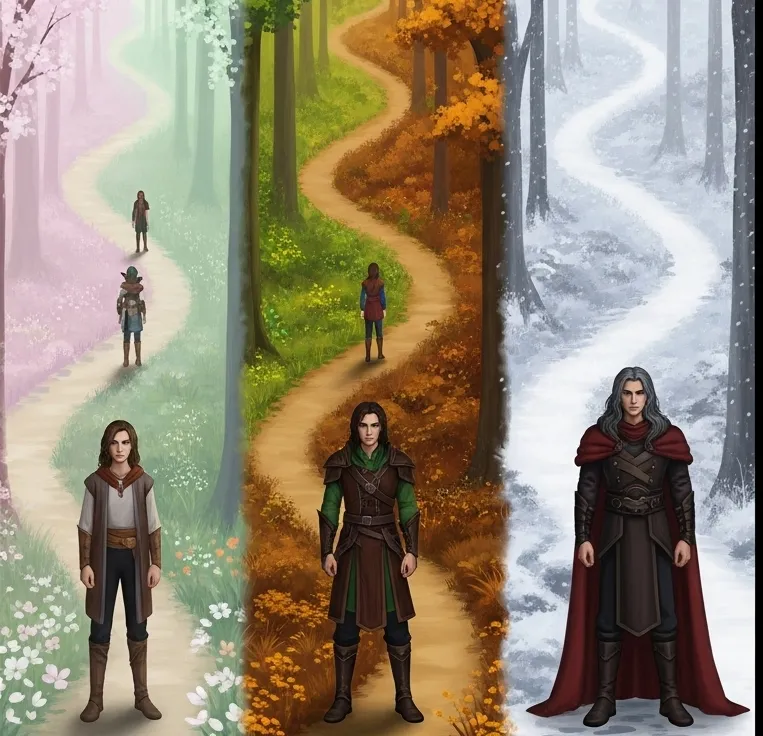 A fictional character evolving through a multi-book series; visual metaphor showing growth from uncertain beginnings to powerful transformation, symbolized by a path through changing seasons.