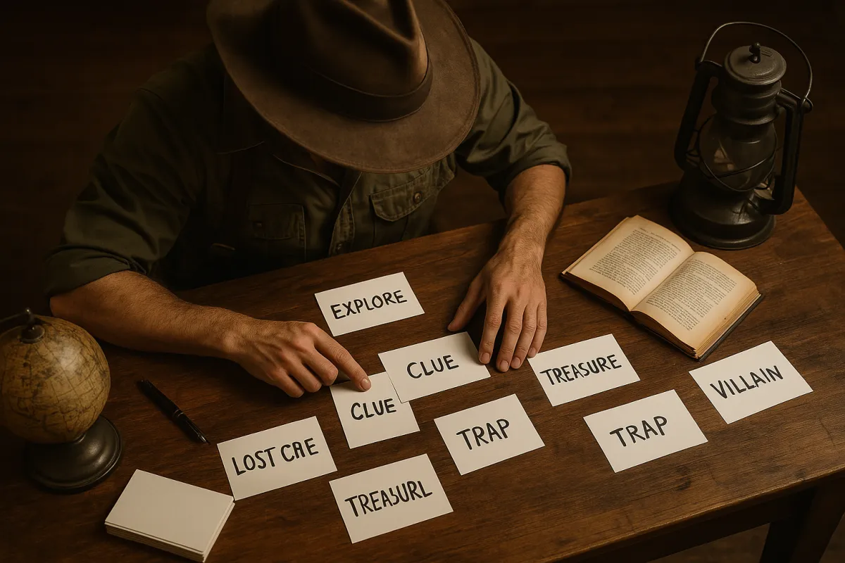 a writer planning plot points using index cards on a desk