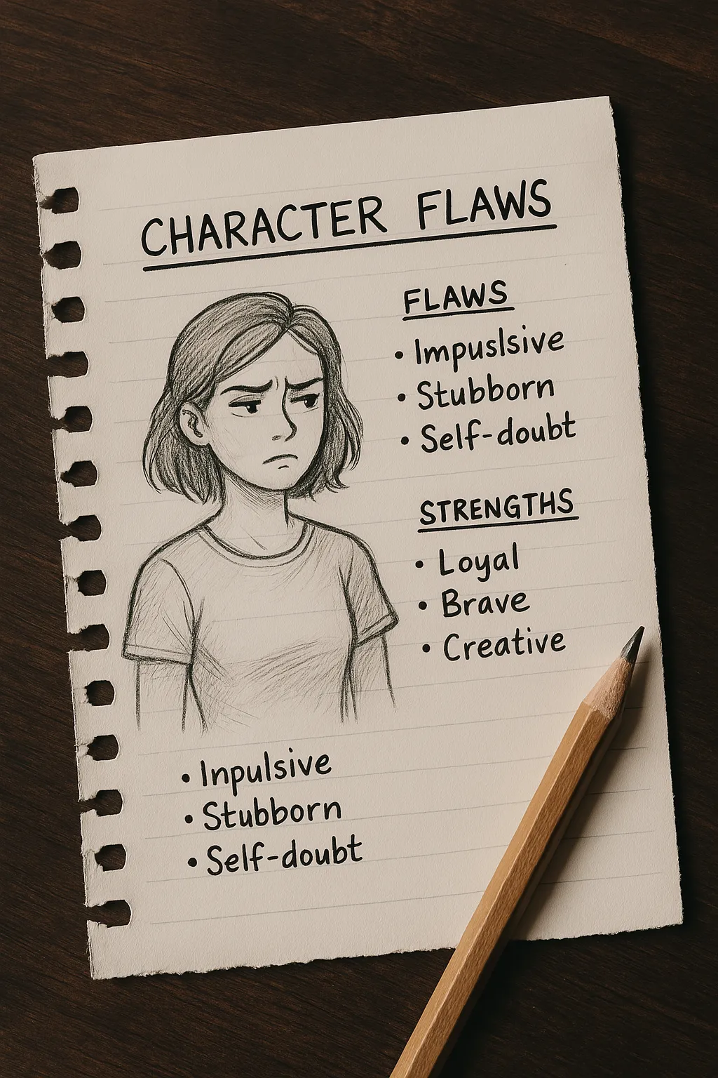 Character development notes highlighting flaws and strengths.