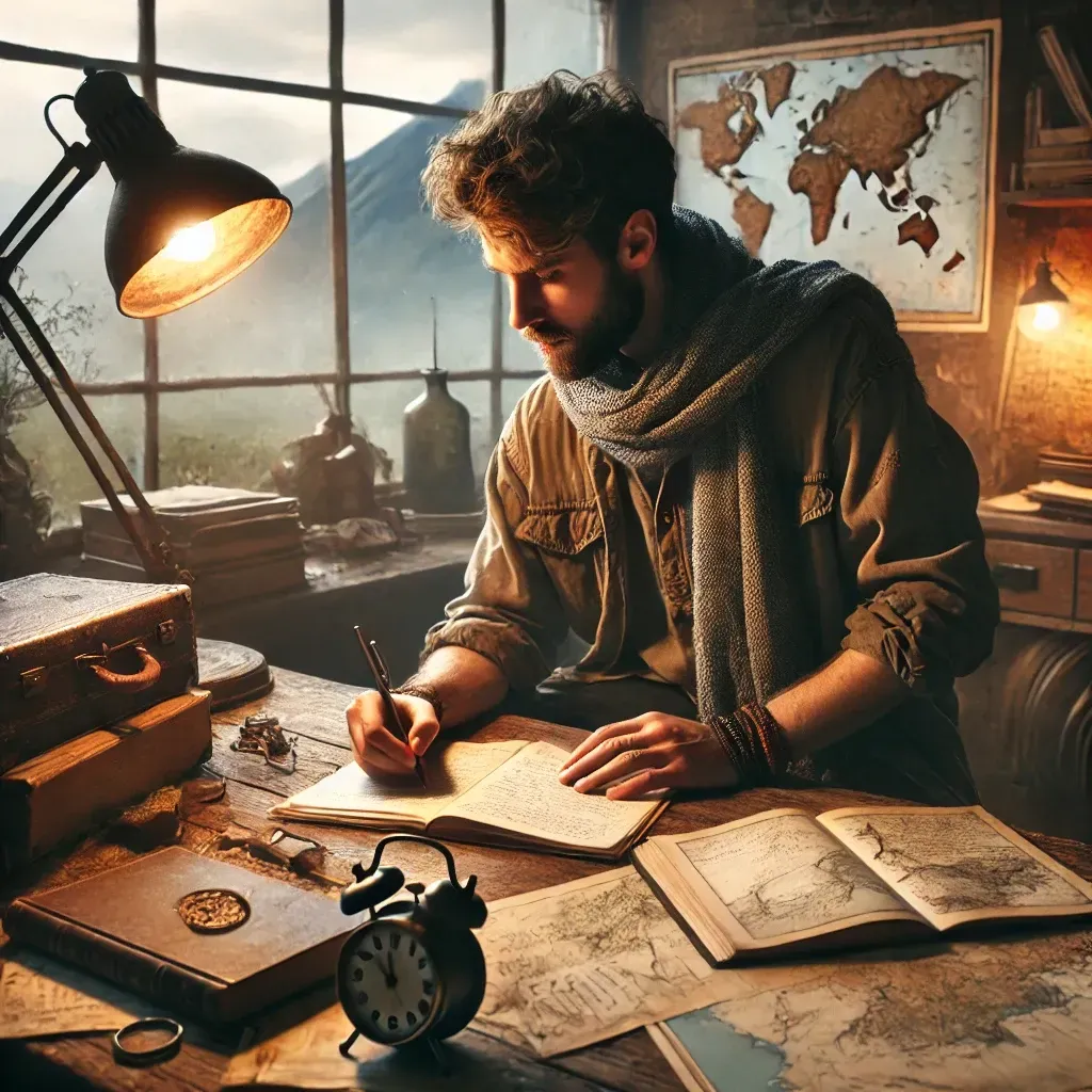 An adventurous writer brainstorming character ideas at a cozy wooden desk, surrounded by books, maps, and notes, with a misty mountain landscape in the background.