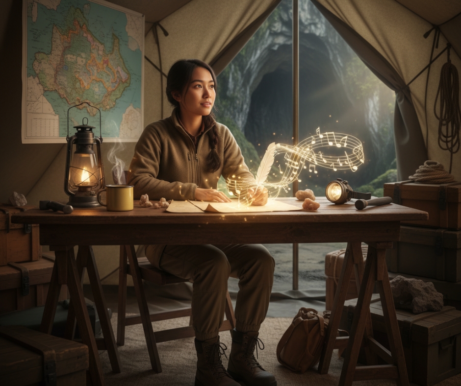Writer at a desk surrounded by soft light, symbolizing the rhythm and flow of writing cadence.