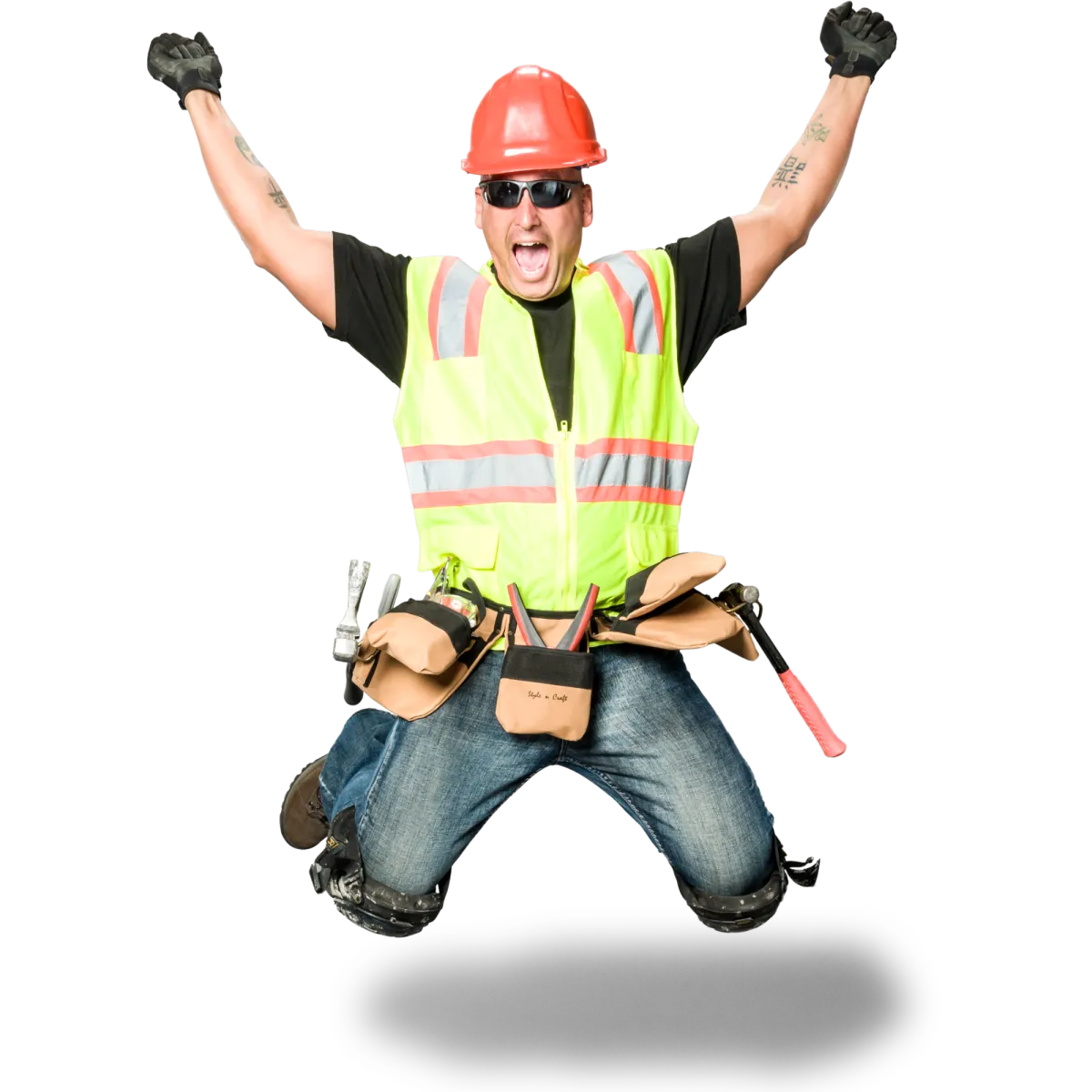 Excited contractor jumping with joy, showcasing the success of RenoGrow's marketing systems.
