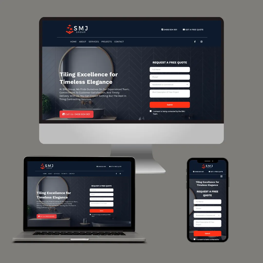 Screenshot of SMJ Group tiling website designed by RenoGrow, highlighting sophisticated layout with a call-to-action for a free quote.