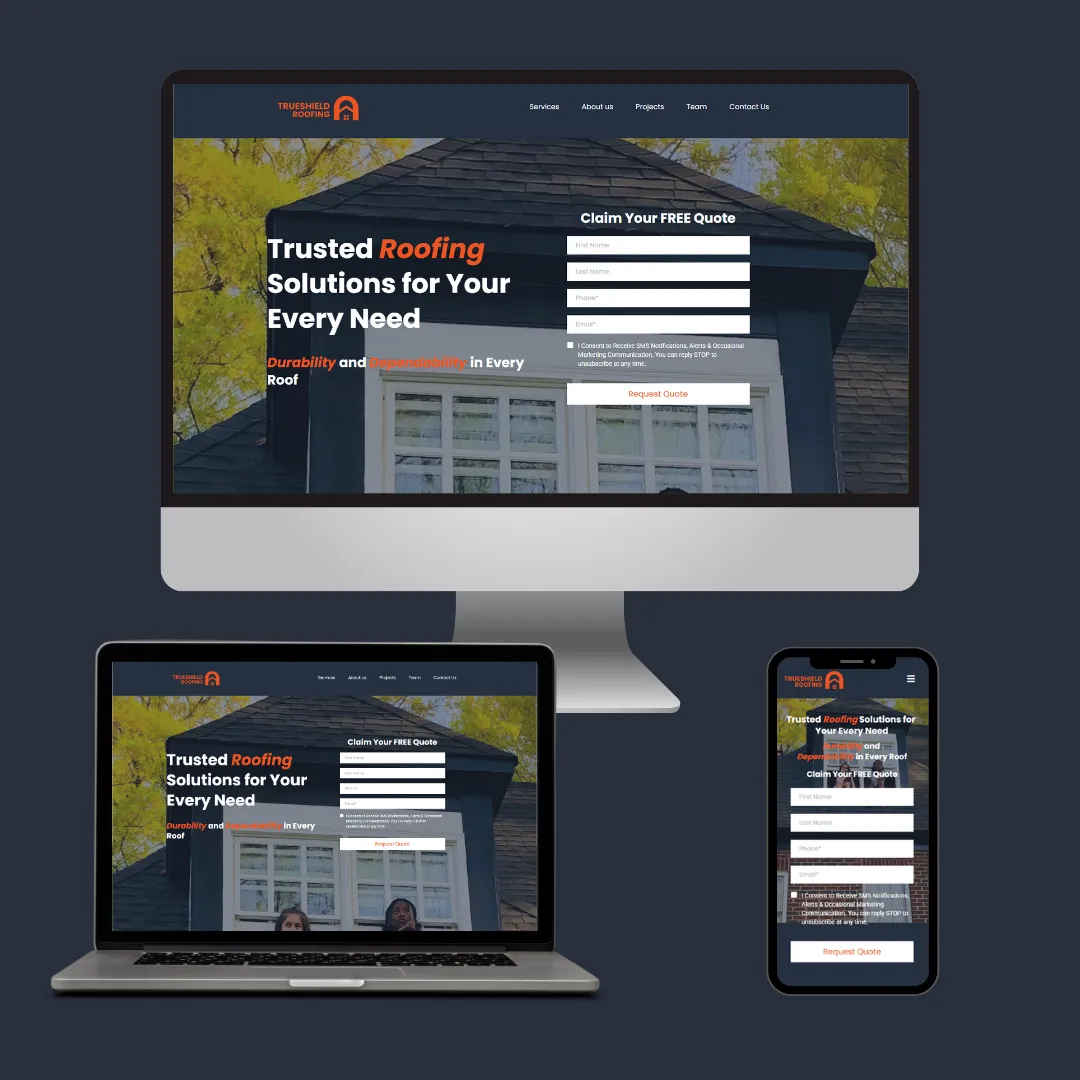 RenoGrow's roofing website design displaying trusted solutions for roofing needs, featuring a professional layout with a quote request form.