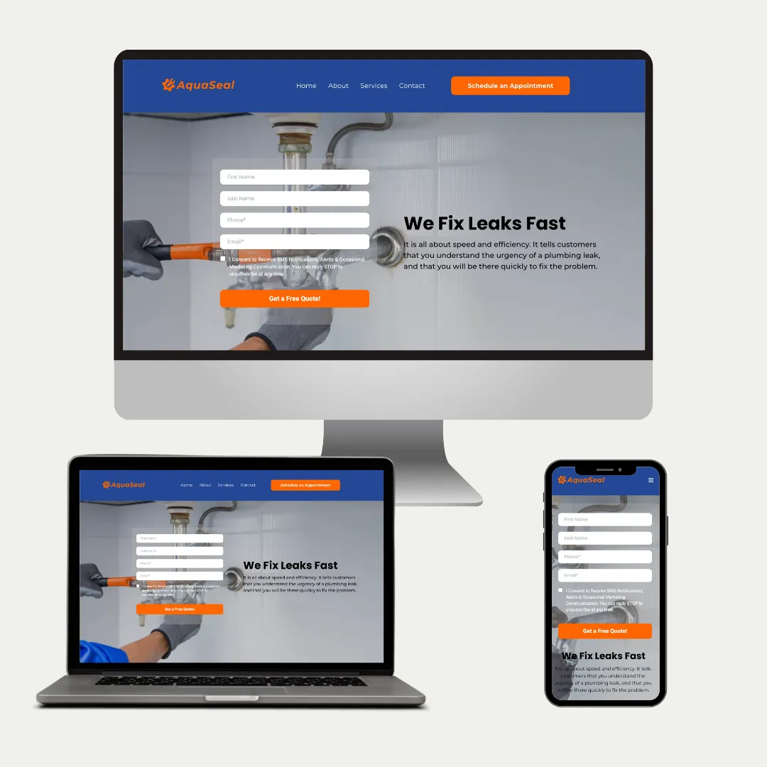 RenoGrow's plumbing services website design featuring quick contact options and a modern, user-friendly interface on various devices.