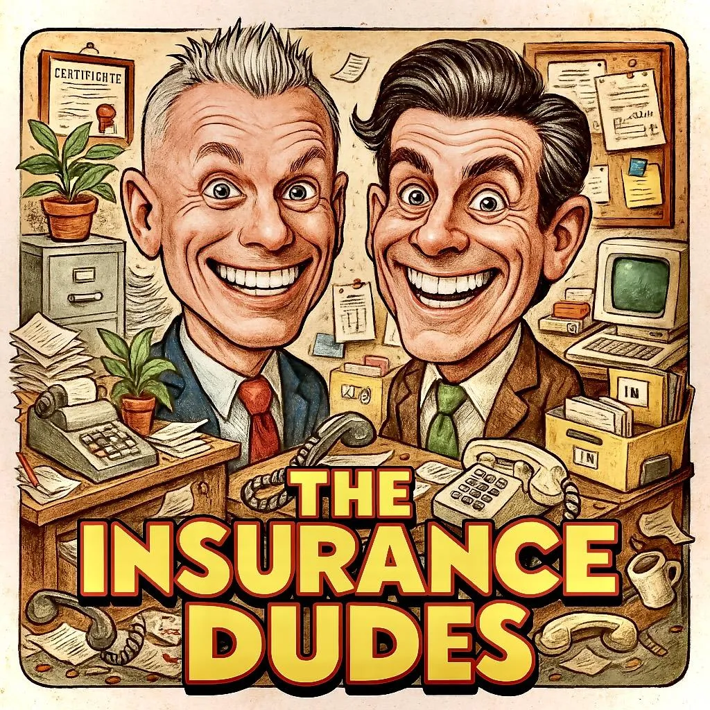 Cartoon illustration of two insurance agents in a vintage office, branded The Insurance Dudes