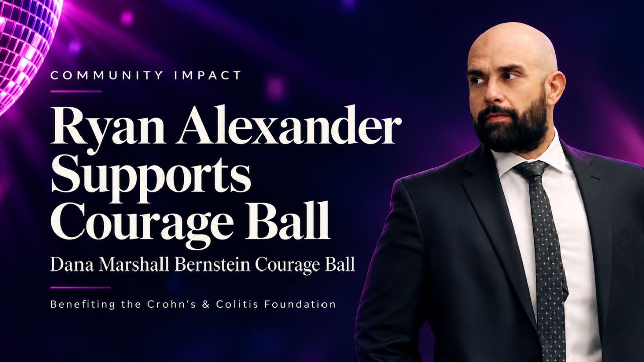 Blog cover featuring attorney Ryan Alexander beside the headline “Ryan Alexander Supports Courage Ball,” with purple gala accents and text recognizing the Crohn’s & Colitis Foundation.