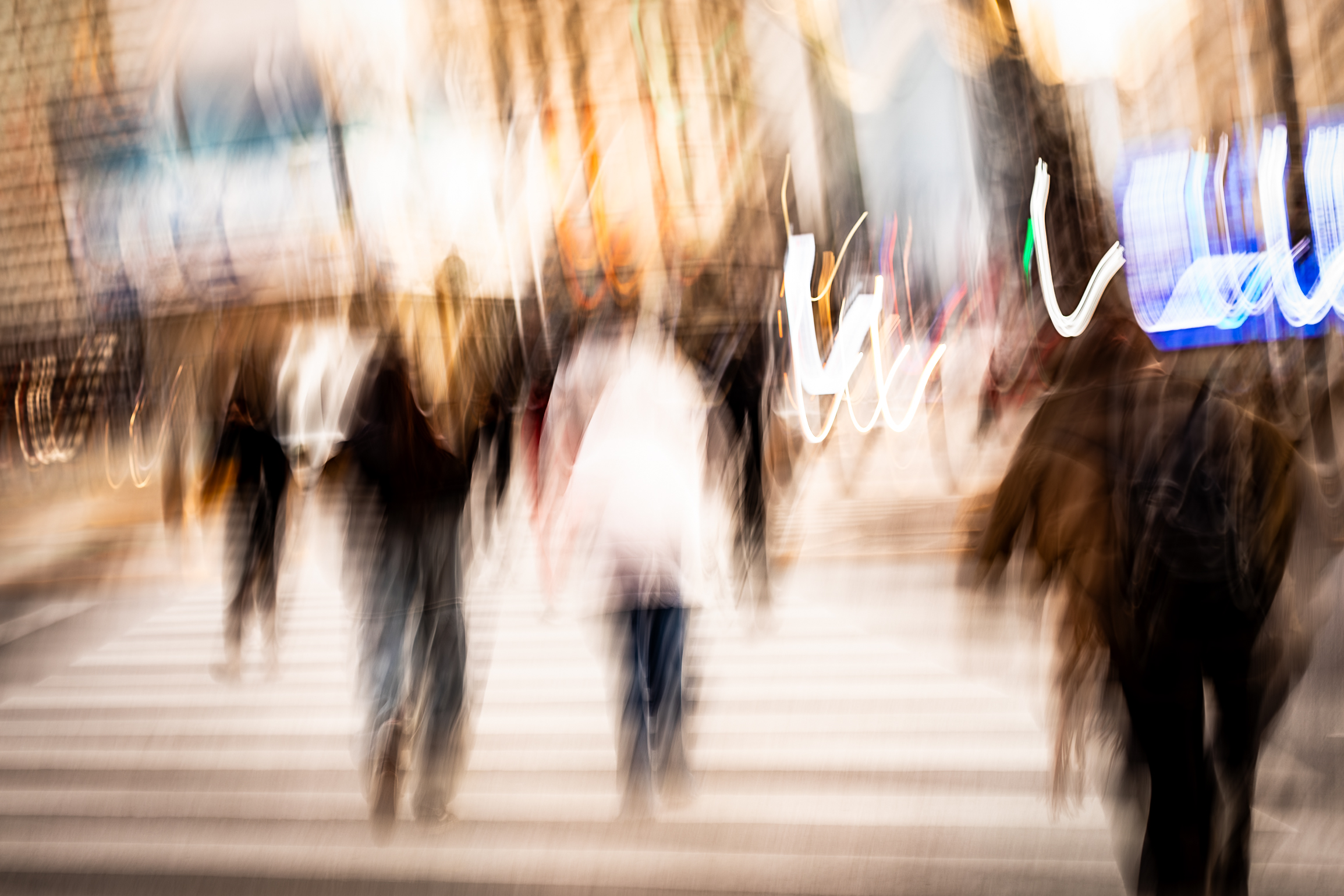 Long exposure ICM abstract street photograph at Plaza de la Republica, Buenos Aires, figures and light in motion through a parallel urban reality, by fine art photographer Angie Harker