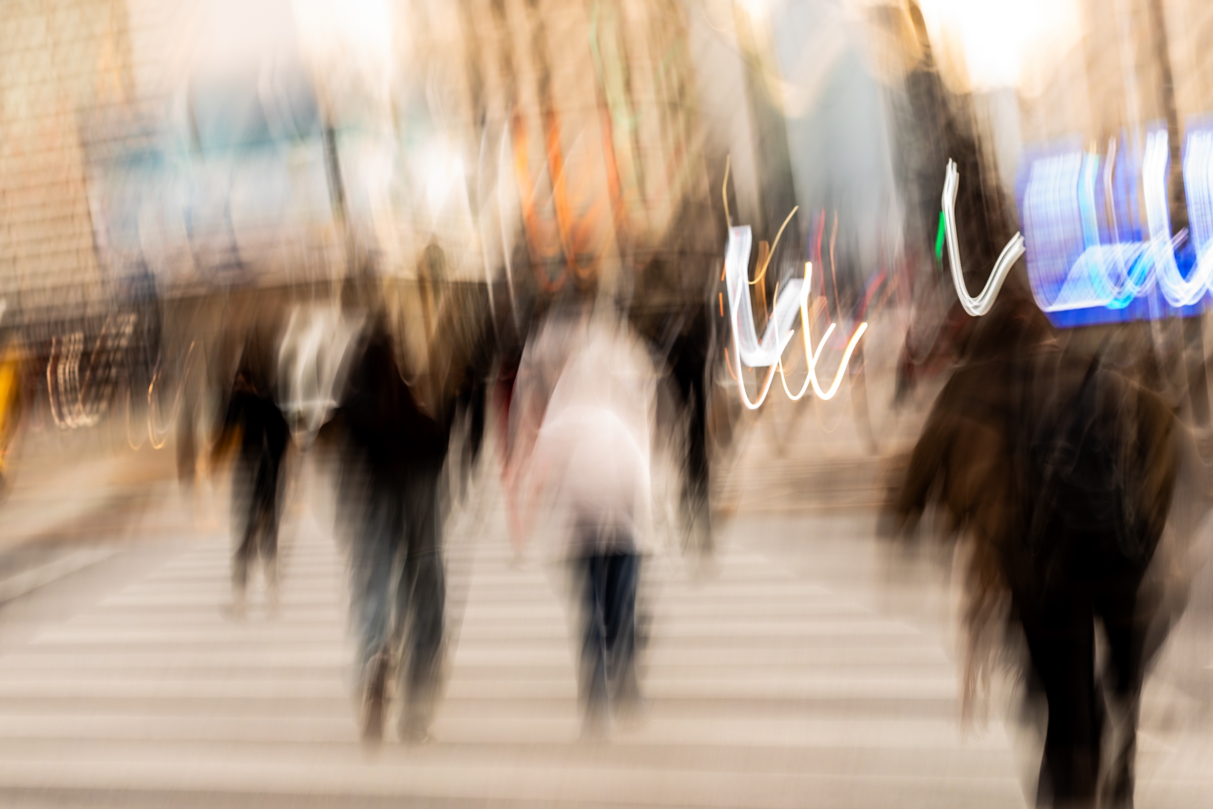 Long exposure ICM abstract street photograph at Plaza de la Republica, Buenos Aires, figures and light in motion through a parallel urban reality, by fine art photographer Angie Harker