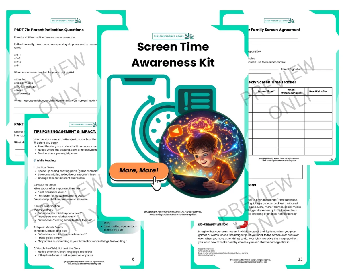 A preview of the contents of the Screen Time Awareness Kit Free from Parent Coach Ashley Anjlien Kumar