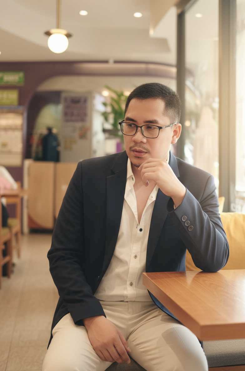 A 1:1 portrait of Maria Chen, an Asian woman in her 40s, wearing a navy blazer, smiling confidently in a modern office with architectural models in the background.