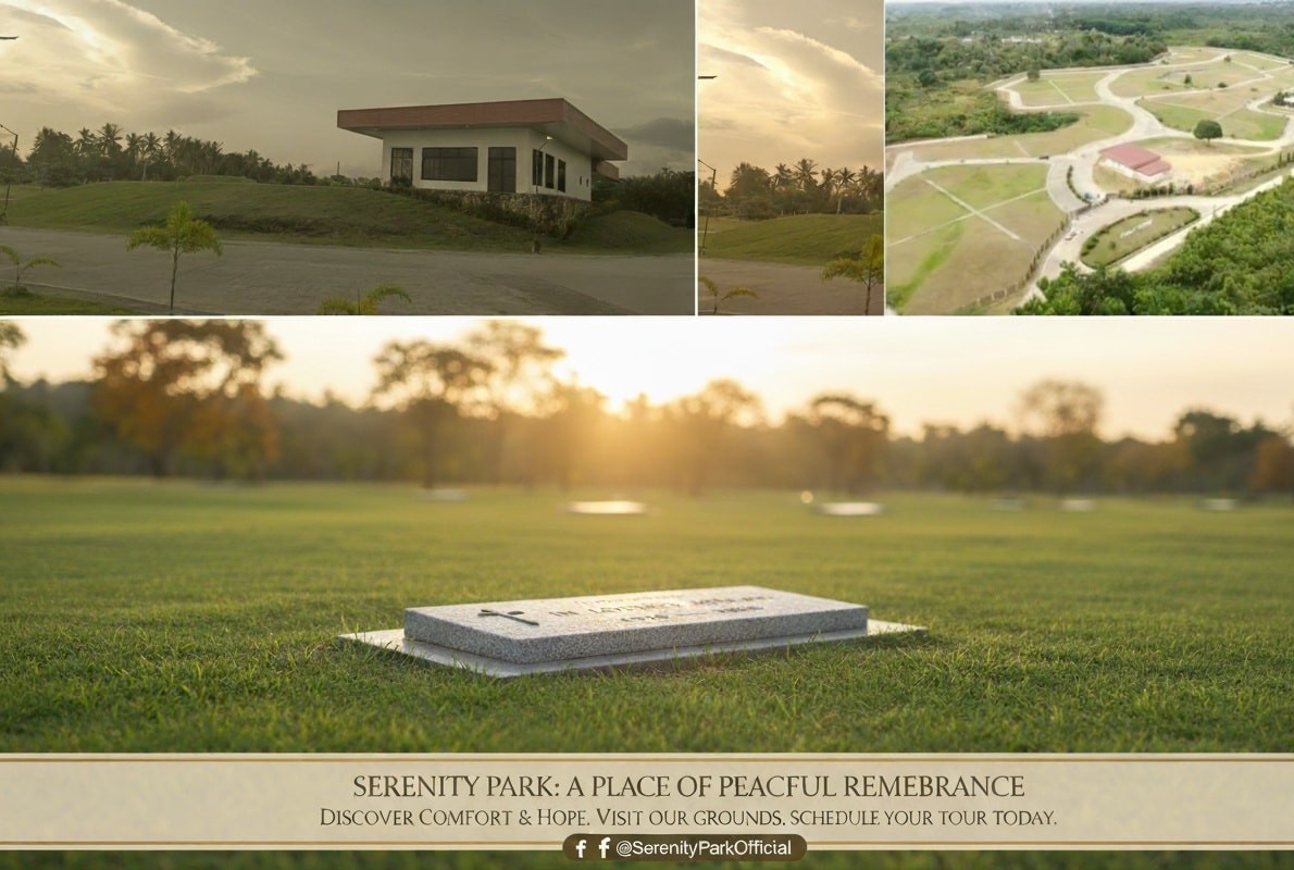 A peaceful, sunlit memorial park with lush green lawns, mature trees, and a winding stone path. A diverse elderly couple walks hand-in-hand, pausing to reflect at a beautifully maintained headstone. The scene is tranquil, with soft morning light and gentle shadows, evoking serenity and comfort.