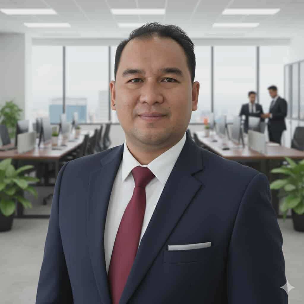 A 1:1 portrait of David Okoye, a Black man in his 30s, wearing a grey suit and blue tie, standing in front of a window with a cityscape view, exuding professionalism and approachability.