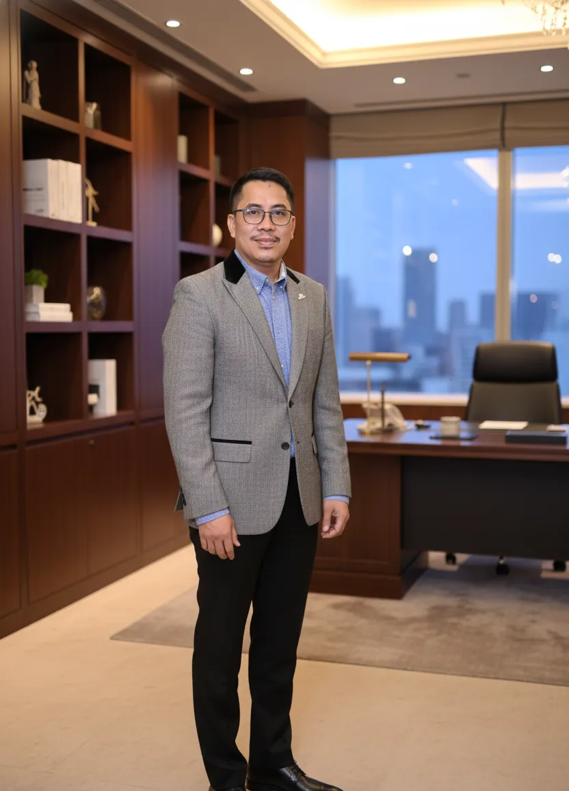 A 1:1 portrait of Maria Chen, an Asian woman in her 40s, wearing a navy blazer, smiling confidently in a modern office with architectural models in the background.