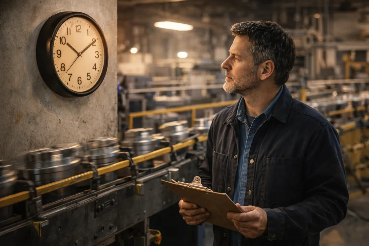 Factory supervisor checking schedule beside a production line
