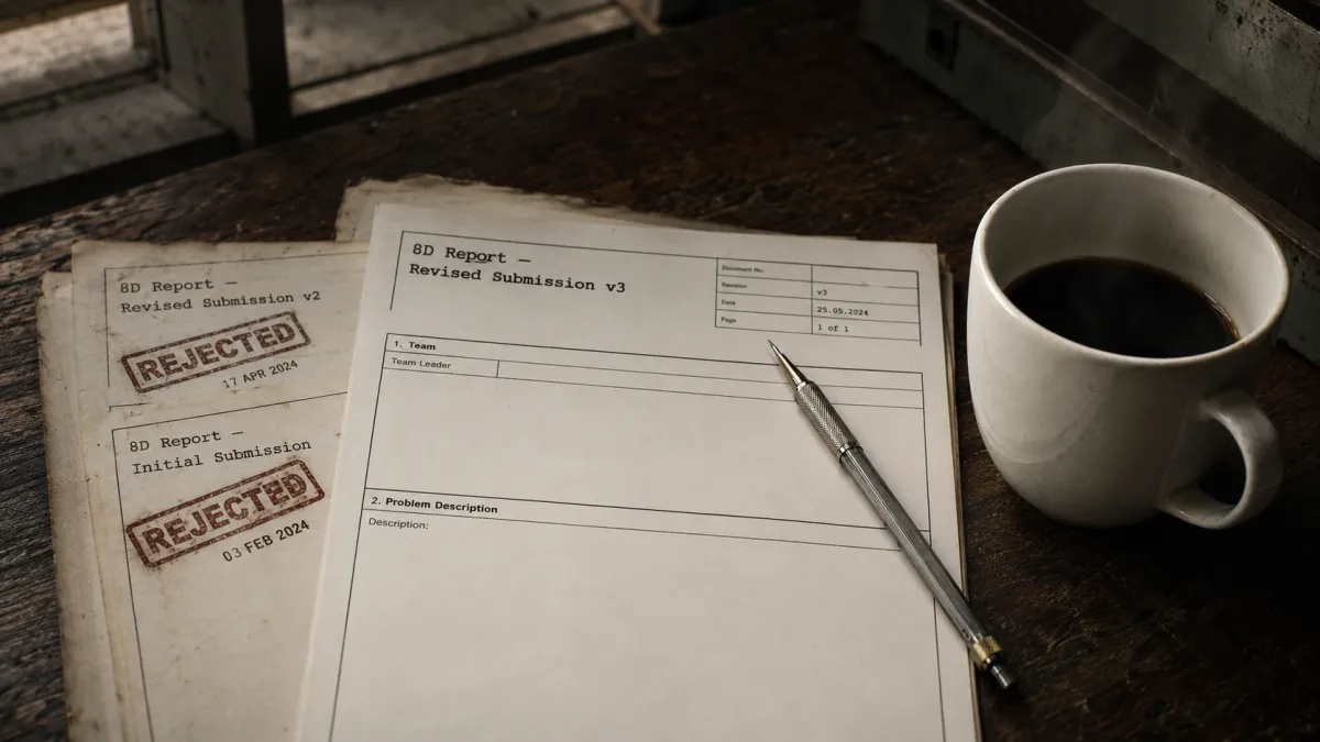 Quality manager reviewing a previously rejected 8D report with handwritten margin notes preparing a third submission