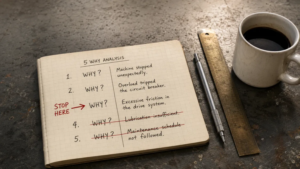 Five-layer Why analysis worksheet on an engineer's desk with red marker showing the layer where investigation should stop