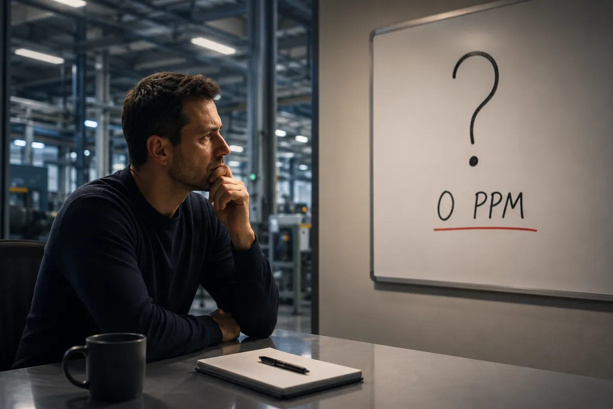 Quality engineer reviewing 0 PPM 0 km claims data on a manufacturing production line dashboard