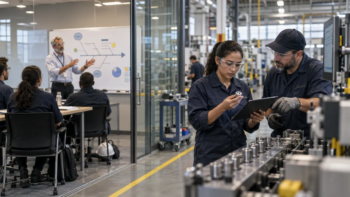 Quality engineer reviewing training materials on a production floor next to an assembly line