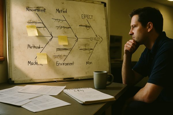 Engineer reviewing a root cause analysis diagram on a whiteboard in a manufacturing facility