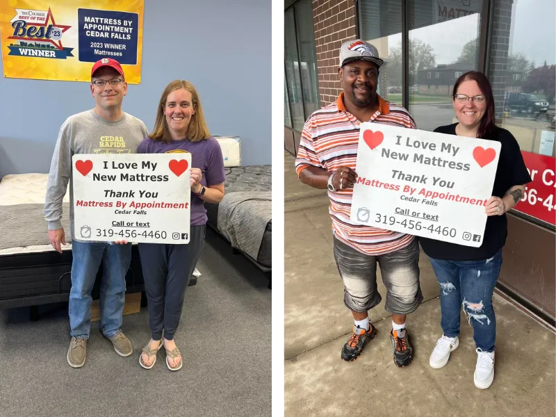 two images of smiling customers in a mattress store holding a sign that says "I love my new mattress"