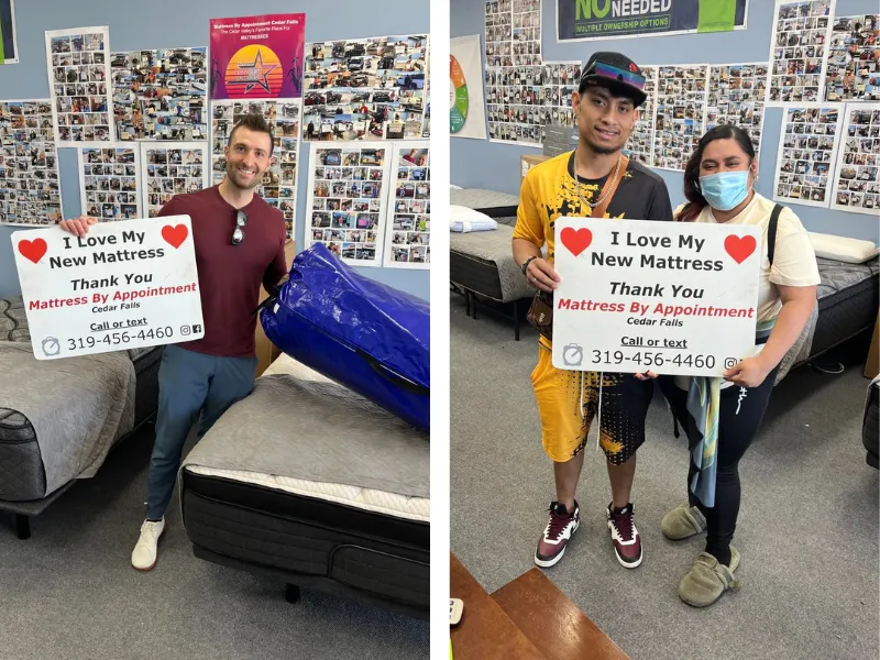 two images of smiling customers in a mattress store holding a sign that says "I love my new mattress"