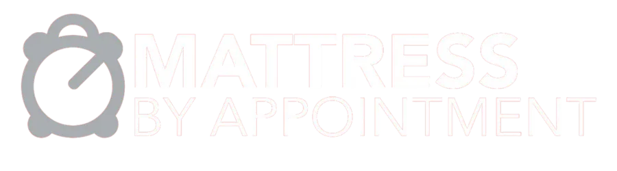 the logo for mattress by appointment with a clock to the left side