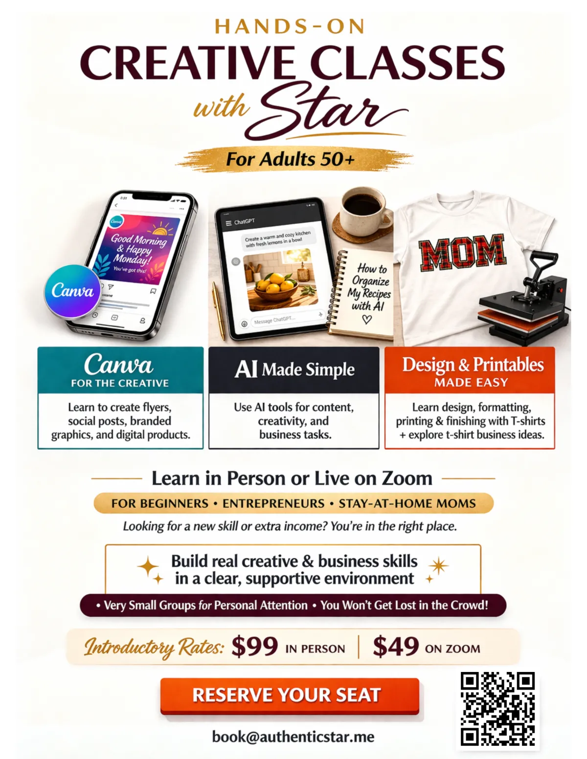 Creative Classes flyer with instructor photo and details