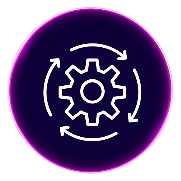 A purple circle with an icon in the middle that shows a gear with four arrows around it