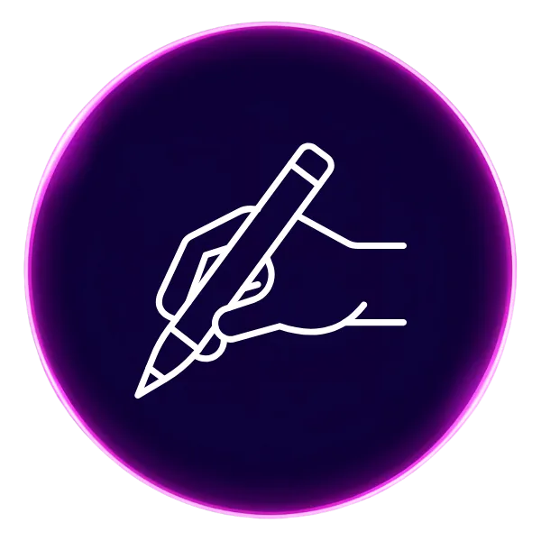 A purple circle with an icon in the middle that shows a hand writing with a pen