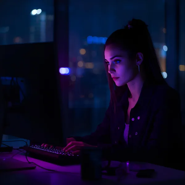 A focused woman sitting at a desk at night, illuminated by purple and blue screen light while typing on a keyboard in a modern office.