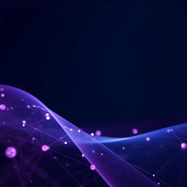Abstract purple digital wave sweeping across a dark background, blended with a network of glowing nodes and lines that gradually fade into the distance.