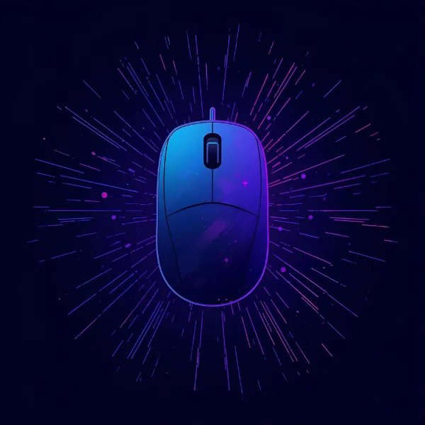 Digital illustration of a computer mouse glowing in blue and purple tones, surrounded by radiant light streaks that resemble an energetic burst.