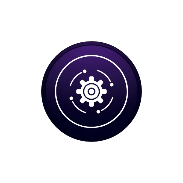 A dark purple circle with a gear icon in the middle