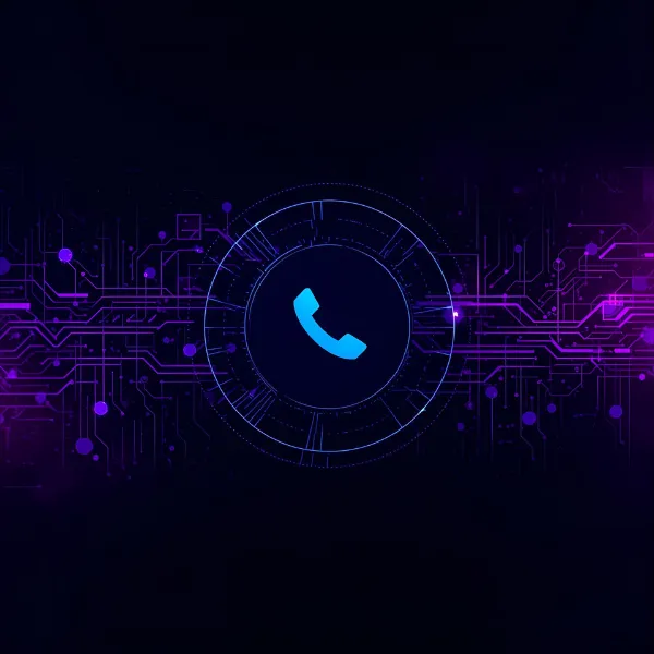 Futuristic graphic showing a glowing blue phone icon at the center of a circular digital interface with interconnected purple circuitry spreading outward.