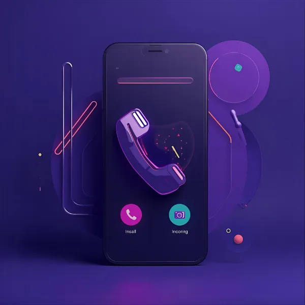 A stylized smartphone interface glowing in purple tones, displaying an incoming call screen with a neon phone icon and circular buttons for answering or dismissing the call.
