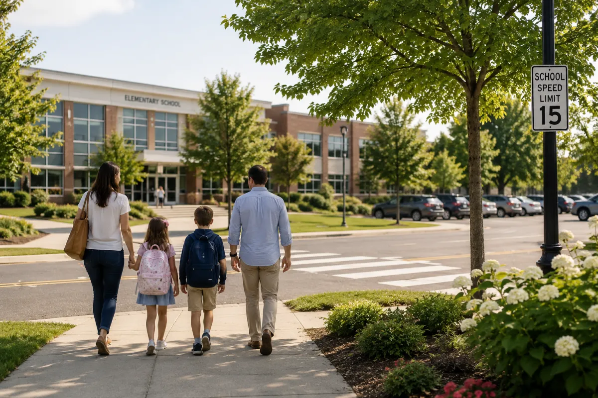 Family walking through an upscale suburban neighborhood near schools in Ashburn, Virginia