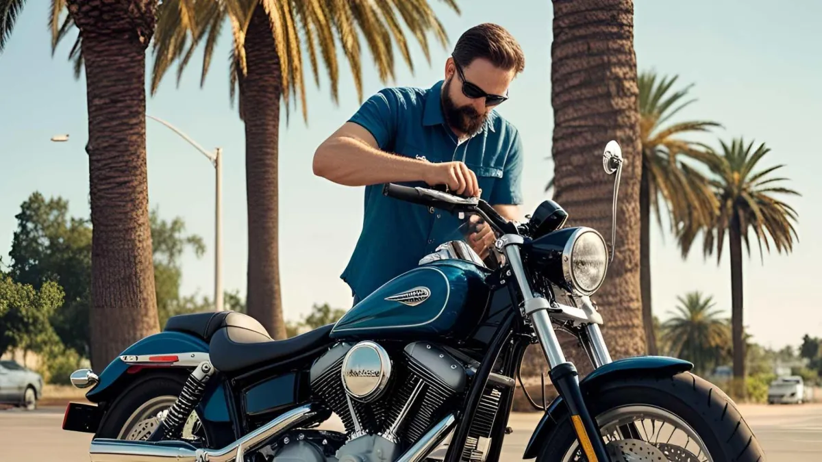 Detailing a cruiser motorcycle under palm trees
