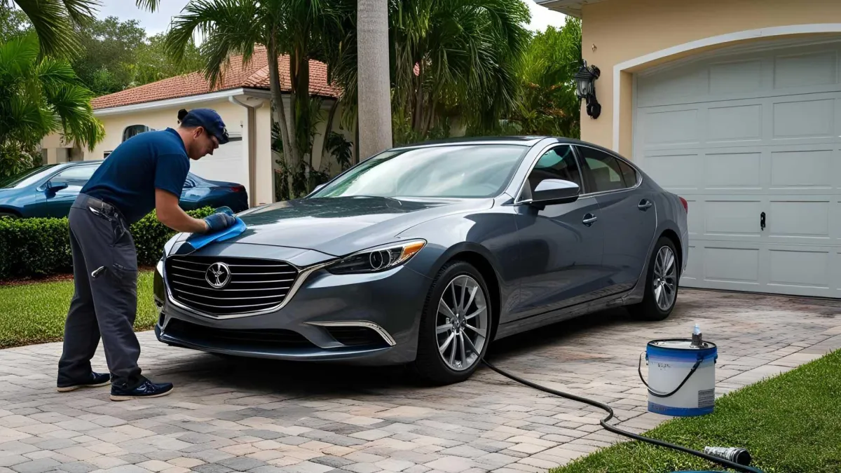 Paint correction process on car in Central Florida driveway