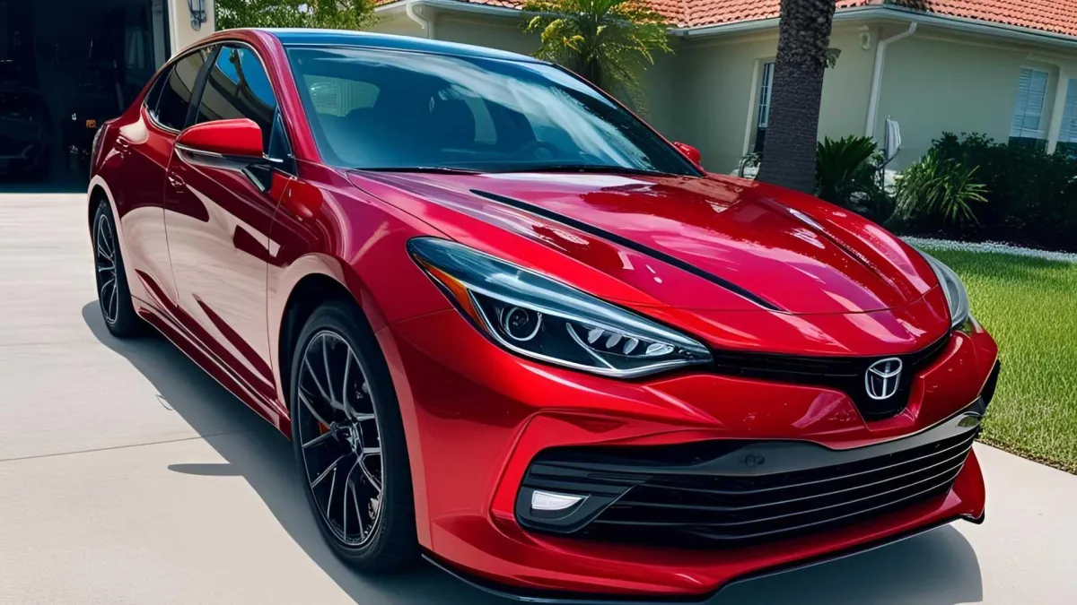Glossy red car hood with ceramic coating applied in Central Florida driveway