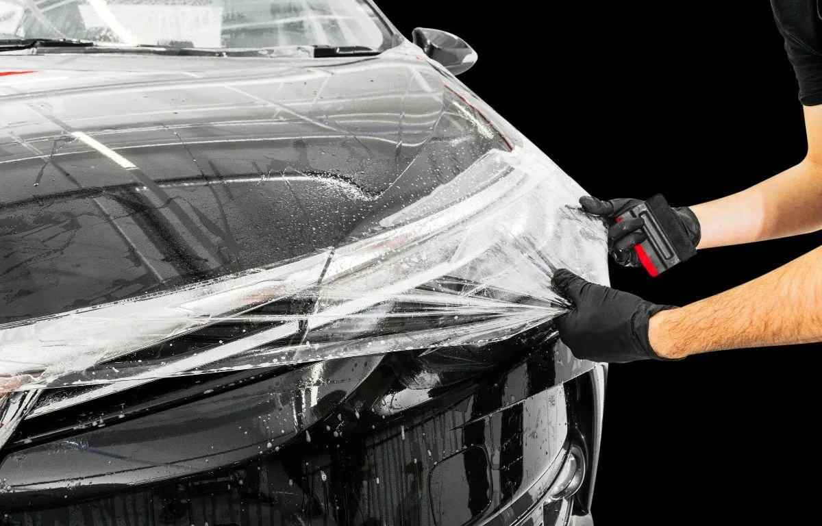 Technician installing automotive window film on a car window