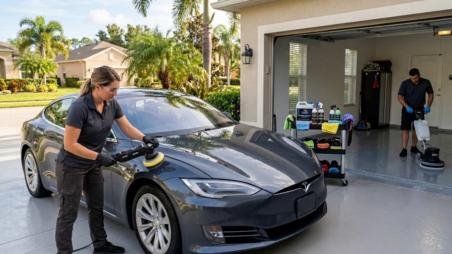 Mobile ceramic polishing setup in Florida driveway