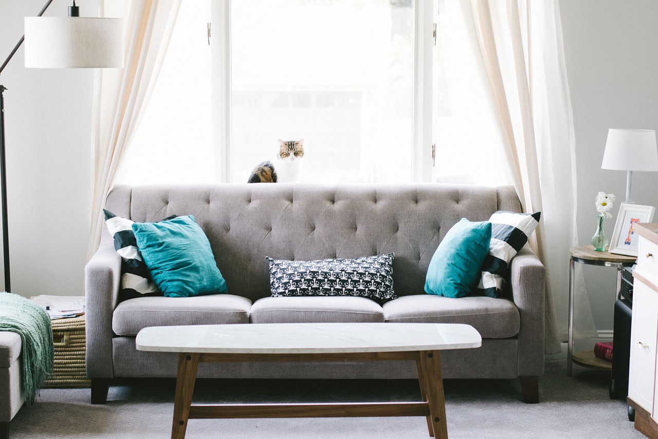 A couch that is very clean with blue pillows