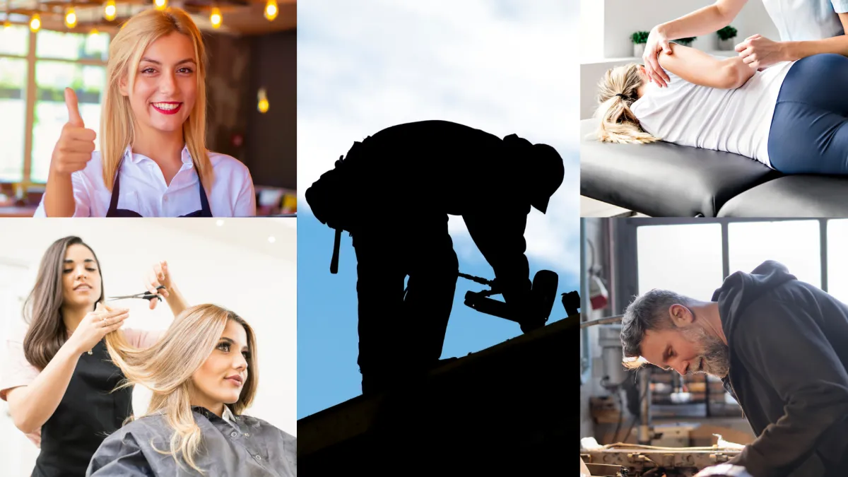 Fotocollage von Handwerker, Frisör, Gastronomie, Pyhsiotherapeut, Zimmerer, Schreiner